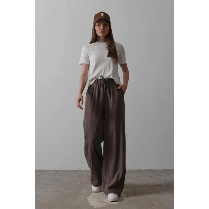 Beli Lastikli Bol Paça Pantolon  Kahve