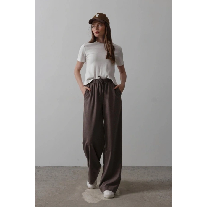Beli Lastikli Bol Paça Pantolon  Kahve