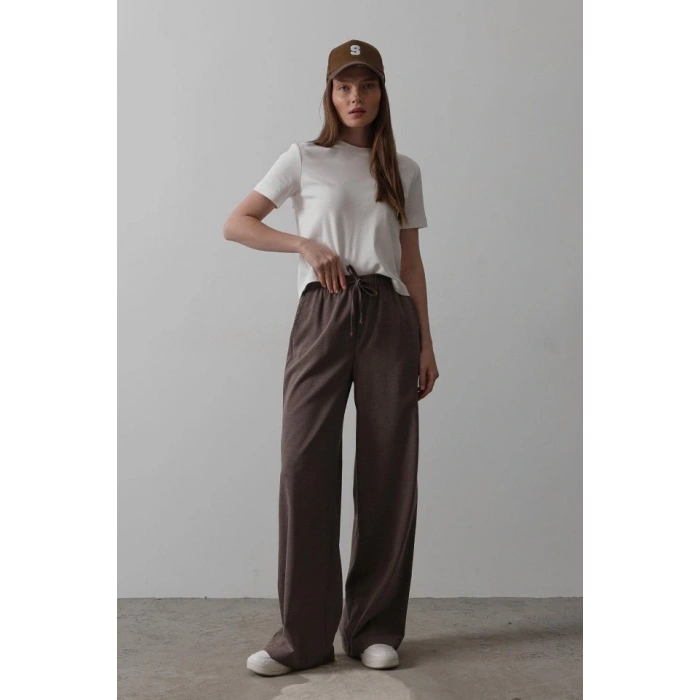 Beli Lastikli Bol Paça Pantolon  Kahve
