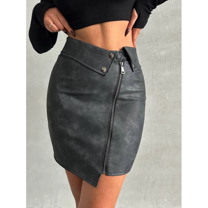 Beli pervazlı fermuarlı eskitme deri etek w24431