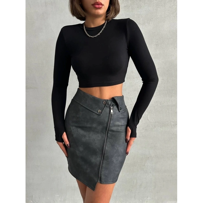 Beli pervazlı fermuarlı eskitme deri etek w24431