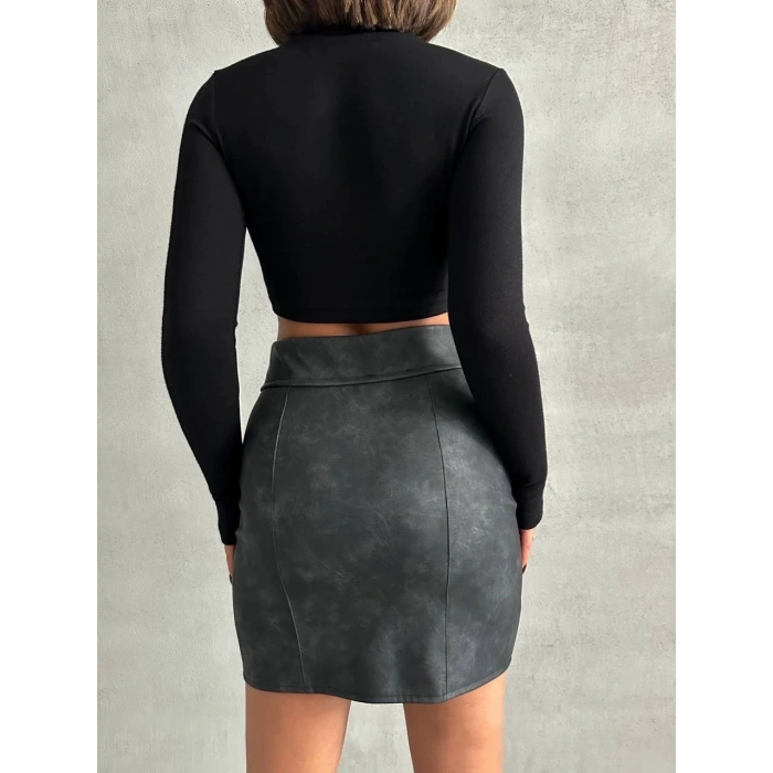 Beli pervazlı fermuarlı eskitme deri etek w24431