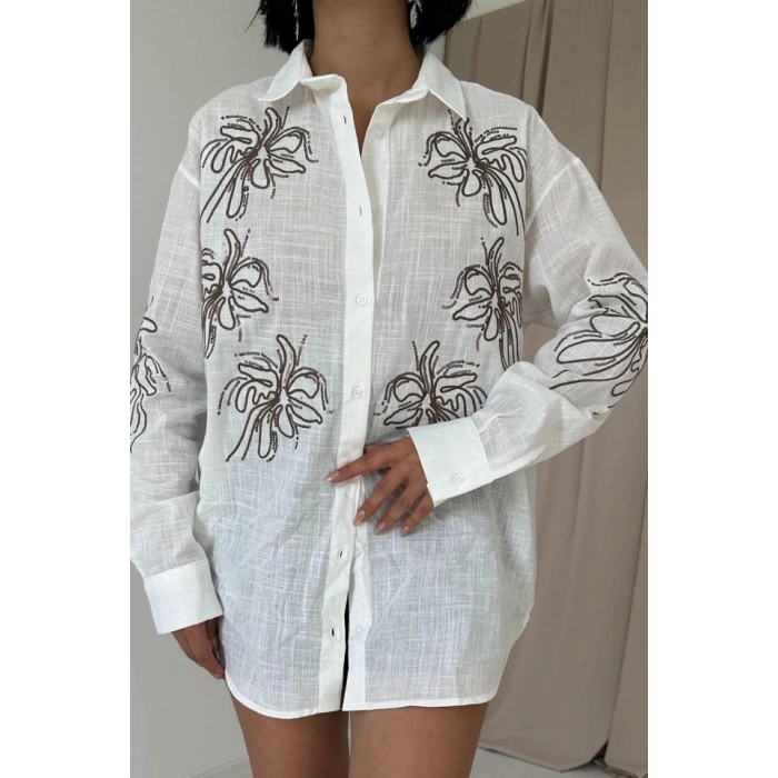 Beyaz Flamlı Keten Nakışlı Pullu Gömlek
