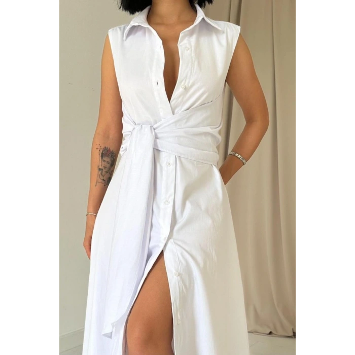 Beyaz Gömlek Yaka Bağlamalı Elbise