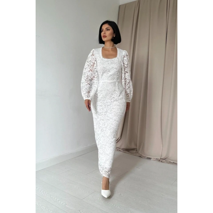 Beyaz Güpür Detaylı Dantel Elbise