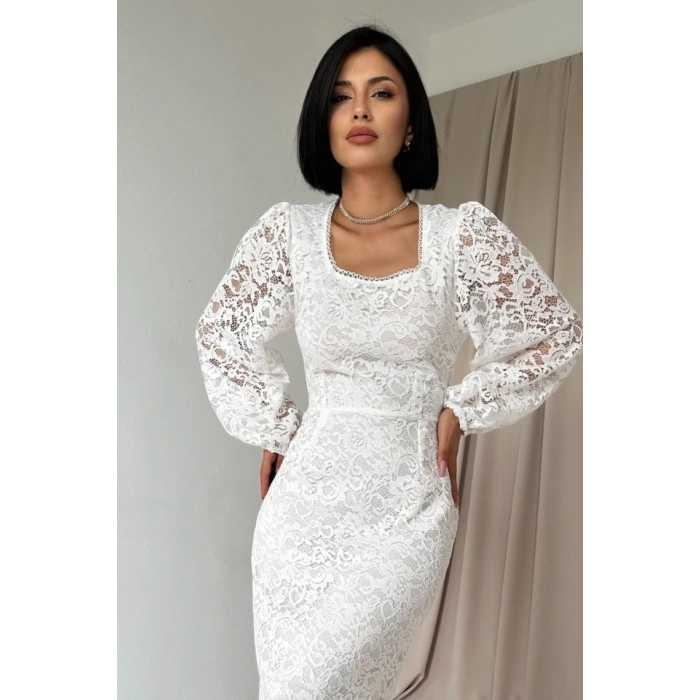 Beyaz Güpür Detaylı Dantel Elbise