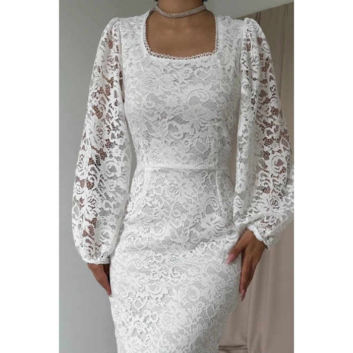 Beyaz Güpür Detaylı Dantel Elbise