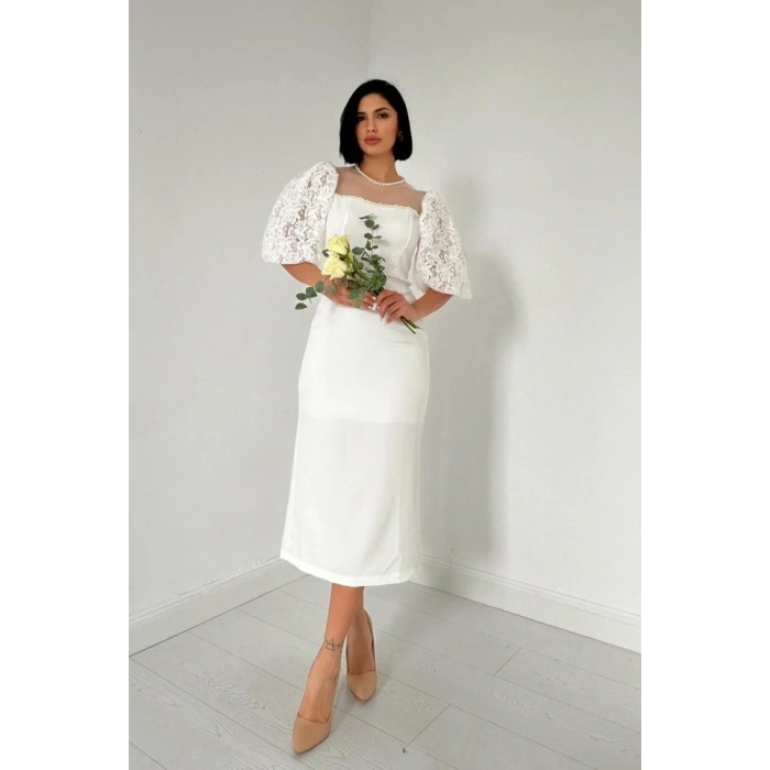 Beyaz İncili Tül Detay Elbise