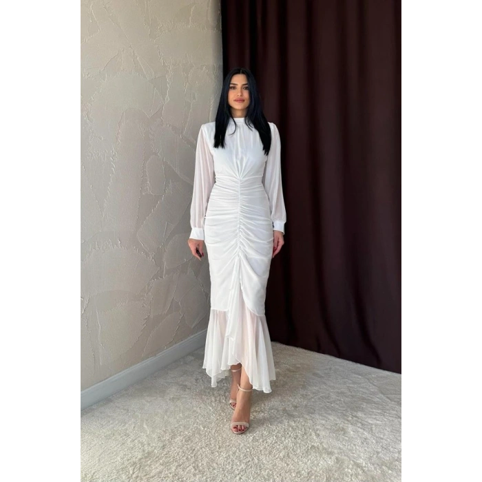 Beyaz Önü Büzgülü Şifon Elbise