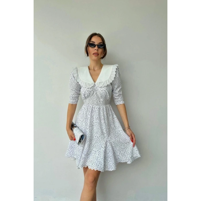 Beyaz Puantiyeli Önlük Yaka Elbise