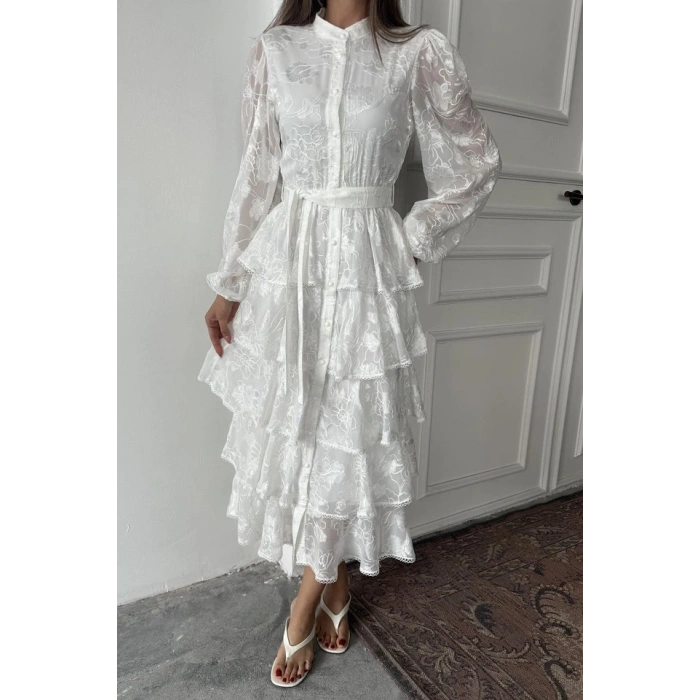 Beyaz Valonlu Şeritli Kat Kat Elbise