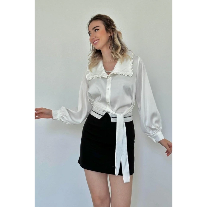 Beyaz Yakası Fırfırlı Kuşaklı aten Gömlek