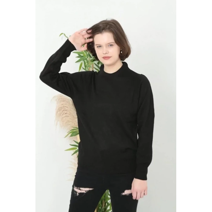 Bisiklet Yaka Düz Kazak  Siyah