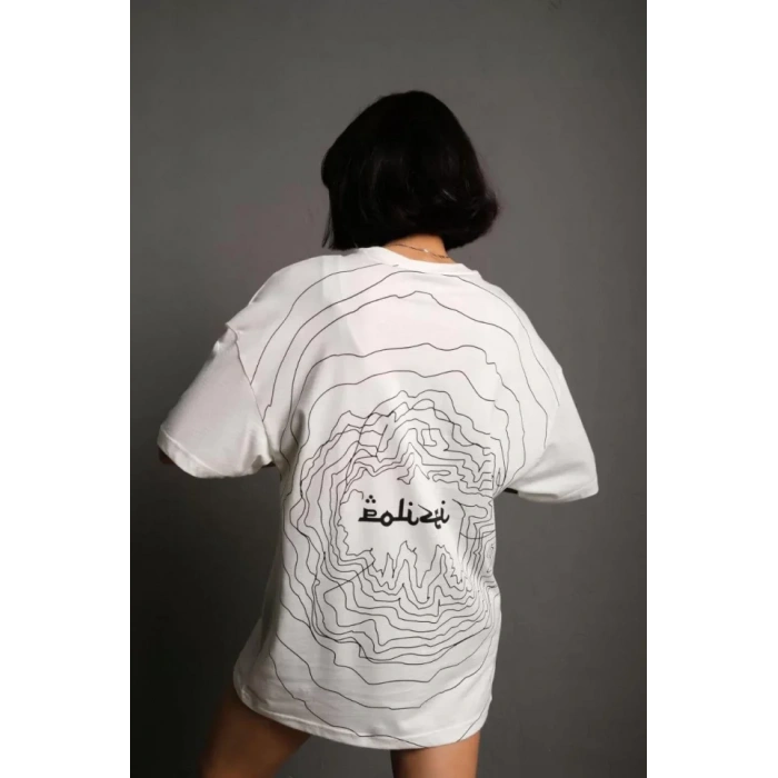 Bisiklet Yakalı ırt Baskılı Oversize Thirt  Beyaz