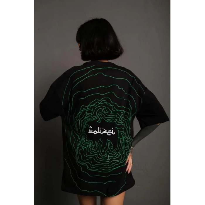 Bisiklet Yakalı ırt Baskılı Oversize Thirt  iyah