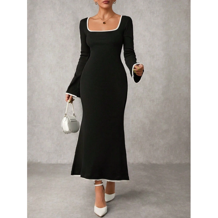 Biyeli uzun elbise siyah