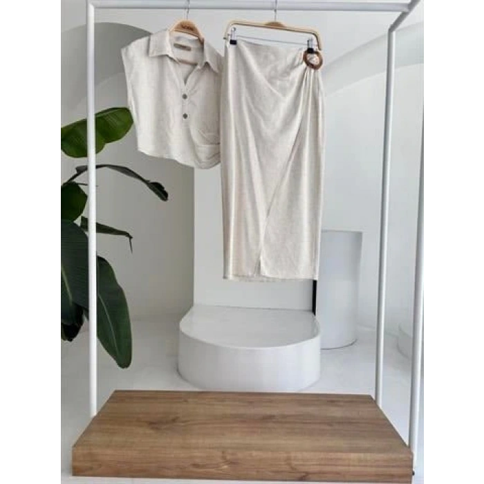 Bluzu Büzgülü Ve Eteği Tokalı Keten Takım 10204