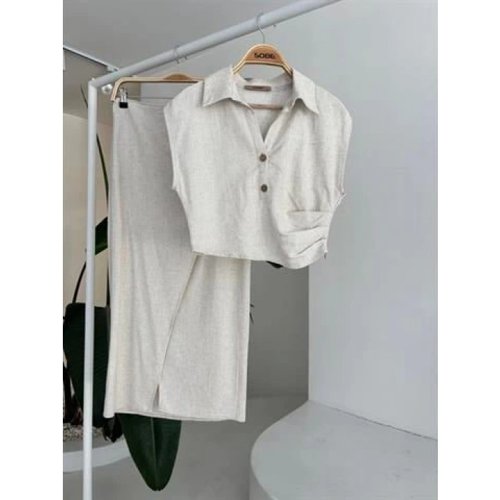 Bluzu Büzgülü Ve Eteği Tokalı Keten Takım 10204