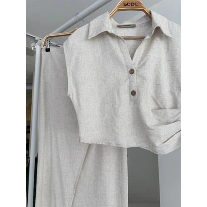 Bluzu Büzgülü Ve Eteği Tokalı Keten Takım 10204