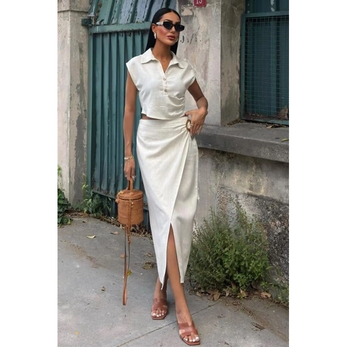 Bluzu Büzgülü Ve Eteği Tokalı Keten Takım 10204