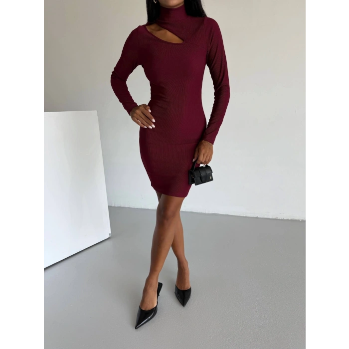 Boğazlı gögüs dekolteli elbise bordo f2333