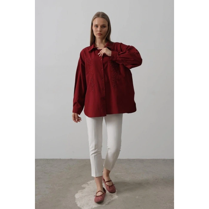 Boncuk Nakış Detaylı Uzun Gömlek  Bordo