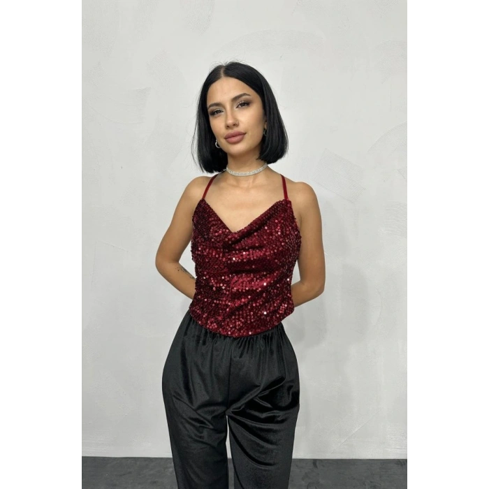 Bordo Askılı Degaje Bluz