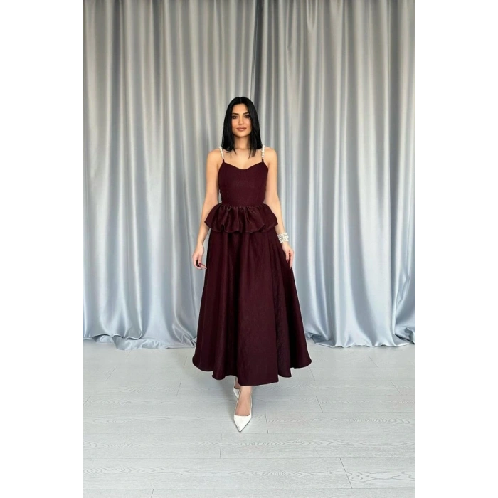 Bordo Beli Büzgülü İnci Askılı Uzun Elbise