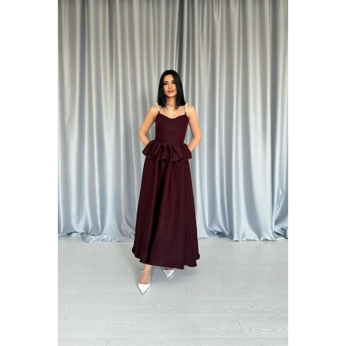 Bordo Beli Büzgülü İnci Askılı Uzun Elbise