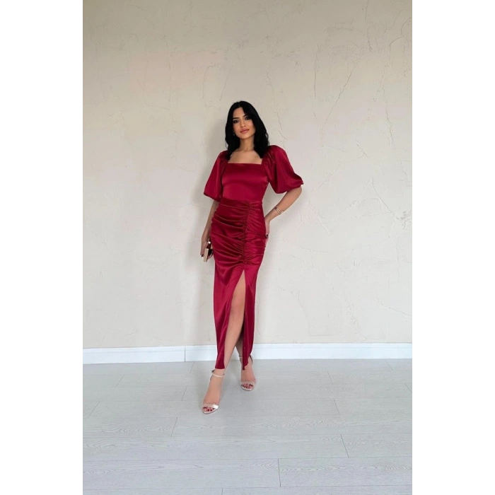 Bordo Büzgülü Saten Elbise