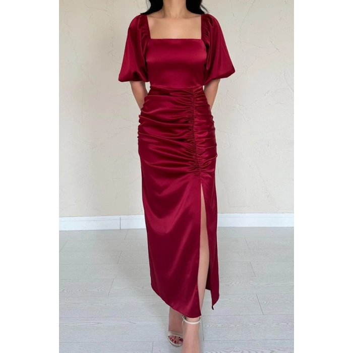 Bordo Büzgülü Saten Elbise