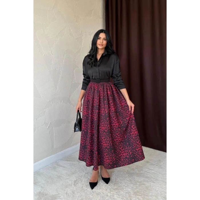Bordo Leopar Büzgülü Uzun Etek