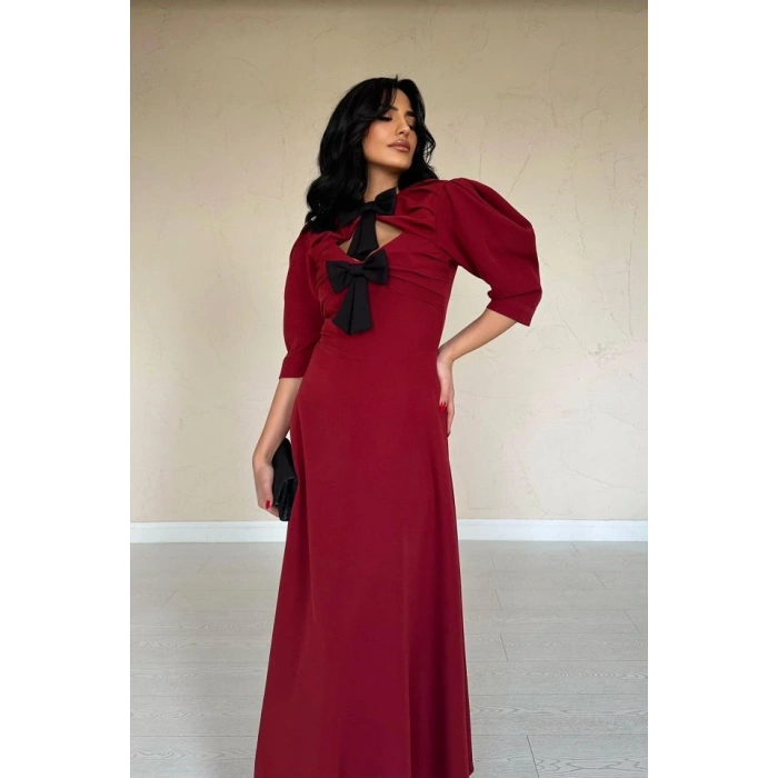 Bordo Ön Dekolteli Fiyonk Garnili Uzun Elbise