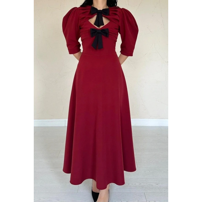 Bordo Ön Dekolteli Fiyonk Garnili Uzun Elbise