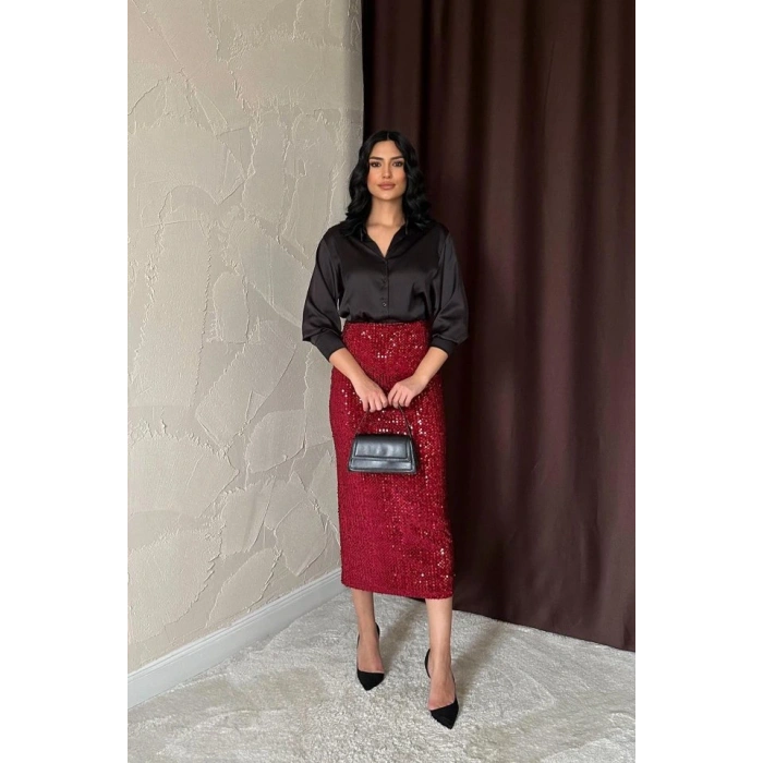 Bordo Pulpayetli Parlak Etek