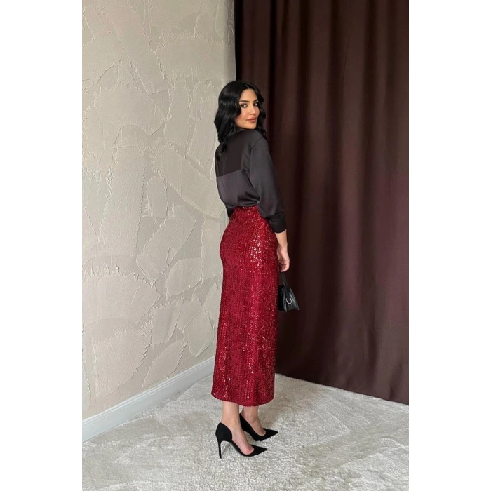 Bordo Pulpayetli Parlak Etek