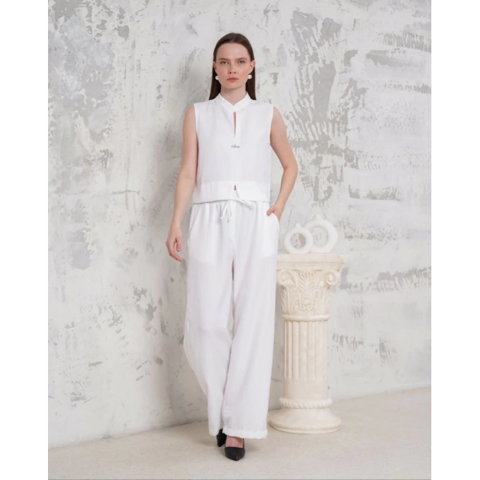 Broşlu yelek pantolon takım beyaz s255821