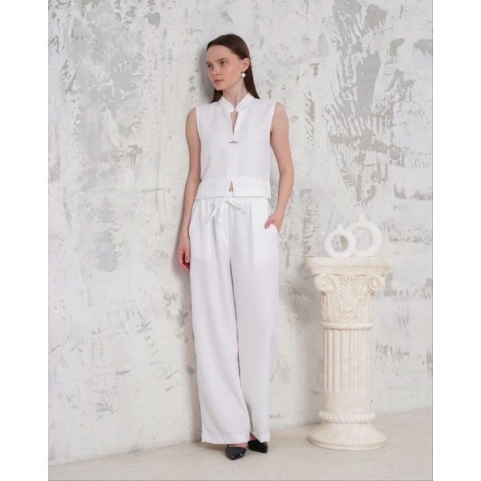 Broşlu yelek pantolon takım beyaz s255821