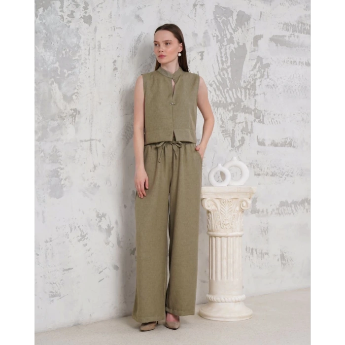 Broşlu yelek pantolon takım haki s255821