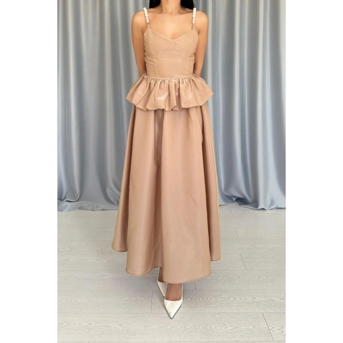 Camel Beli Büzgülü İnci Askılı Uzun Elbise