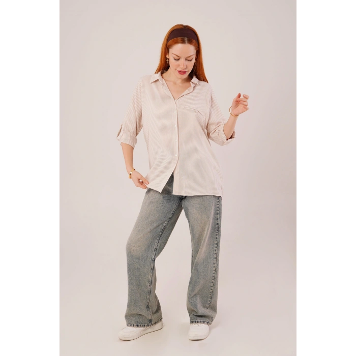 Cep Detay Çizgili Oversize Krem Gömlek