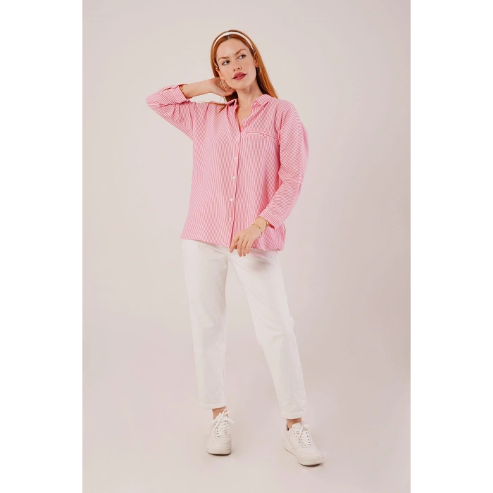 Cep Detay Çizgili Oversize Pembe Gömlek