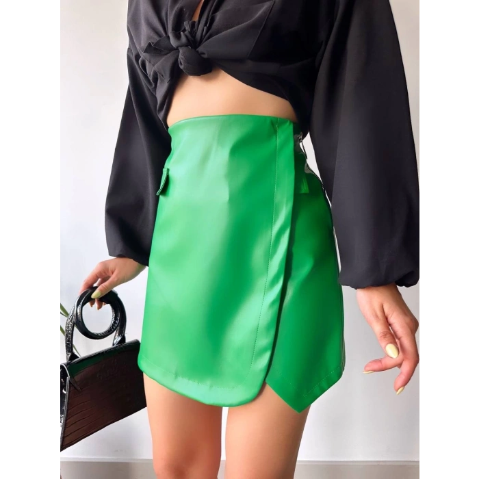 Cep detaylı oval kapaklı deri etek yeşil h240048