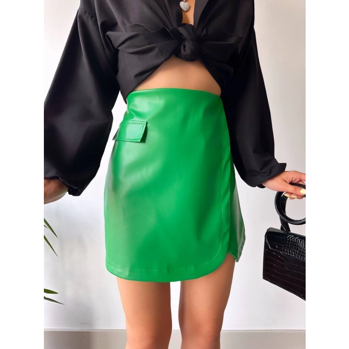 Cep detaylı oval kapaklı deri etek yeşil h240048