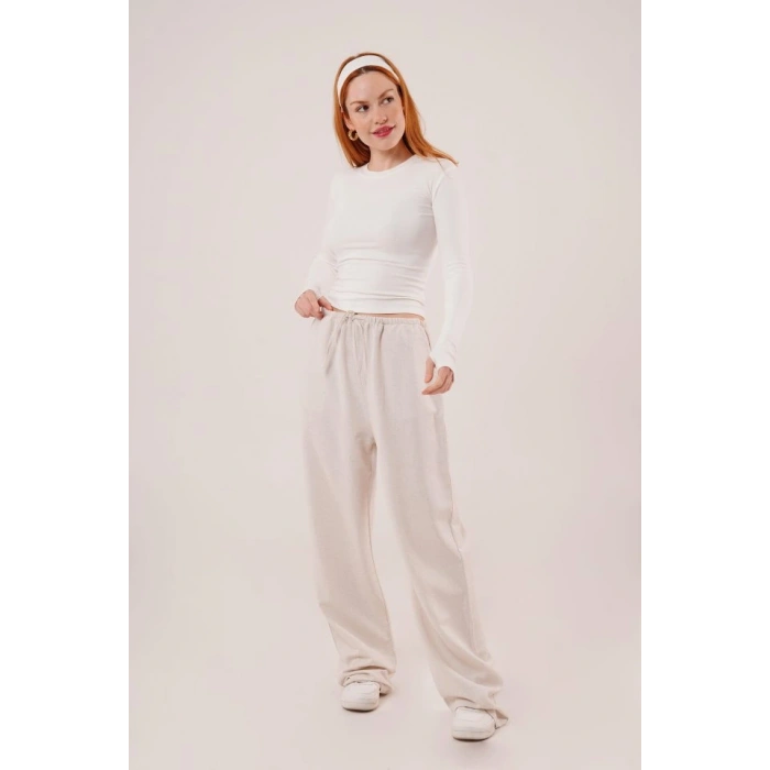 Cepli Bağlama Detaylı Keten Ekru Pantolon