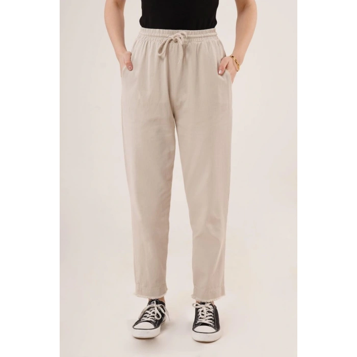 Cepli Belden Bağlamalı Paça Detaylı Krem Pantolon