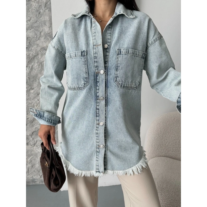 Cepli püsküllü kar yıkama kot ceket mavi d2515