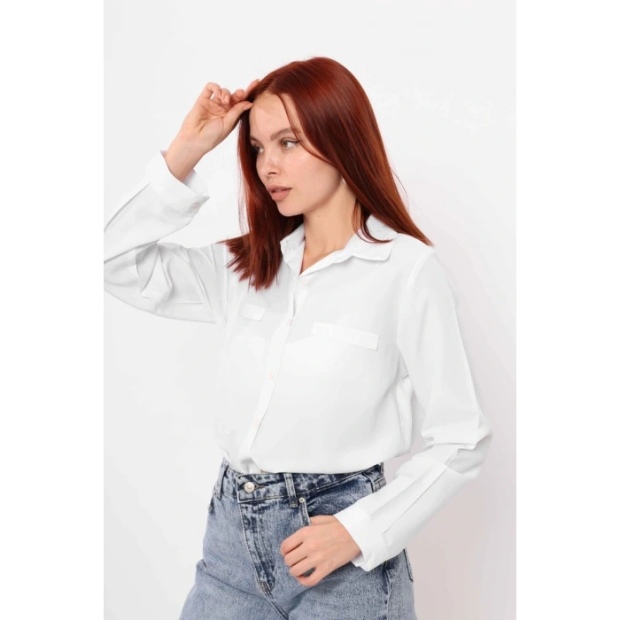 Cepli Uzun Kol Gömlek  Beyaz