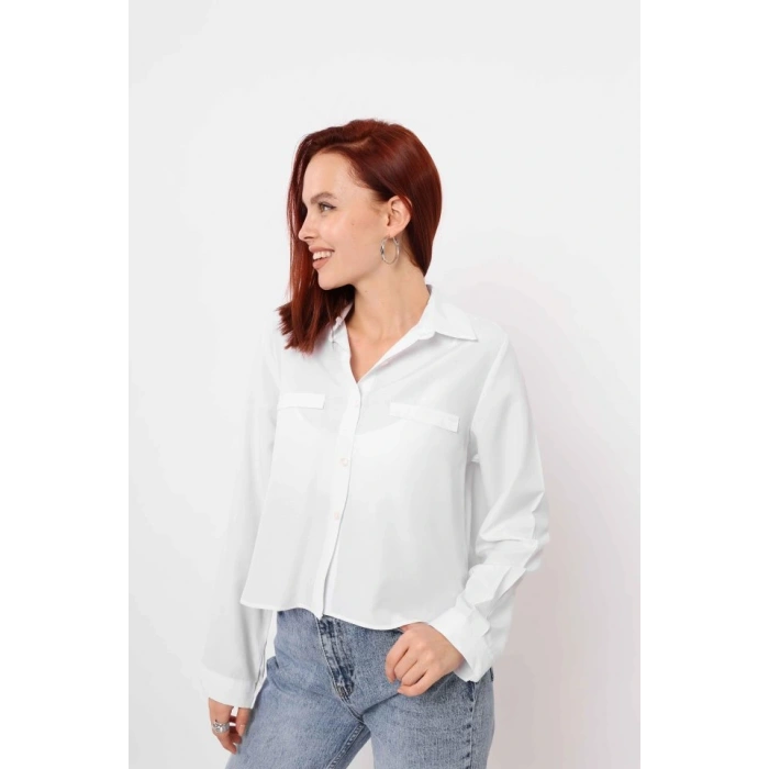 Cepli Uzun Kol Gömlek  Beyaz