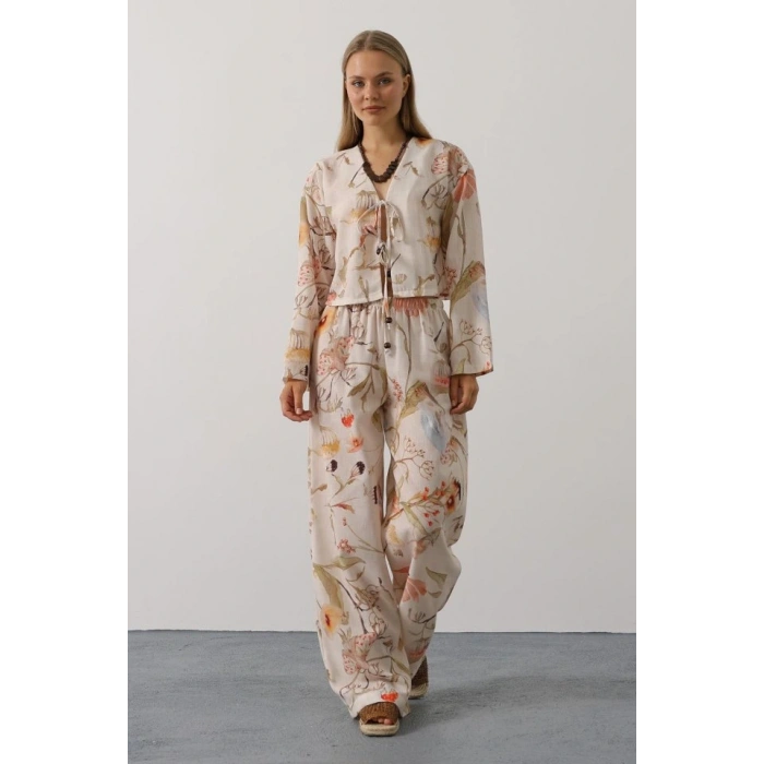 Çiçek Desen Önü Bağlamalı Pantolon Takım  Taş